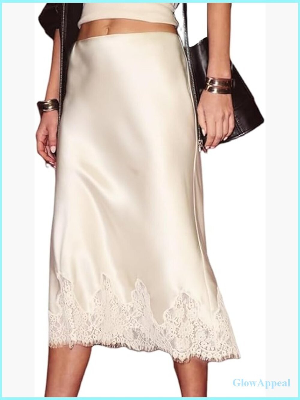 Satin Midi Skirt Lace Trim Flowy A-Line Cocktail Party